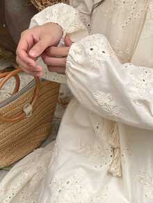 Livesso 女士刺绣100%纯棉流苏长连衣裙，带褶裥长裙 - 米色 - 查看 6