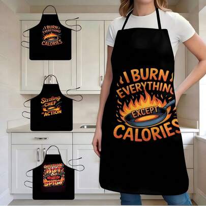 1PC Sizzling Chef In Action Printed Cooking Apron With Frying Pan And Flames Design Kitchen Apron For Home Cooks Professional Chefs Grill Masters Baking Cooking BBQ Apron Heat Resistant Kitchen Wear