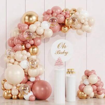 Kit 125 Festa Balão Bege Rose Gold Dourado Arco Desconstruido + Fita Bexiga Decoração Aniversario