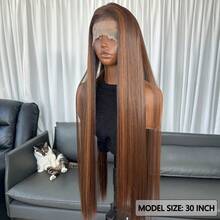 Kanekalon Futura棕色13x4合成蕾丝前假发，30英寸长直发，无需胶水，Kanekalon材质，耐用合成假发，自由分缝，150%密度，透明蕾丝假发，加热后即可佩戴，适合日常、派对、度假等场合。 - 棕色 - 查看 4