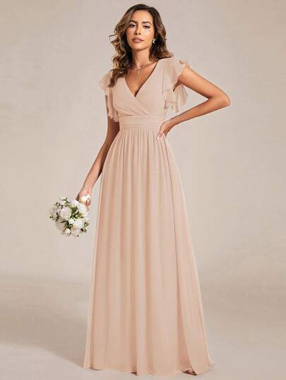 Chiffon Bridesmaid Dress, Short Sleeve Pleated V-Neck Draped Open Back Design Asymmetric Hem, Suitable For Wedding, Vacation, Mother Of The Bride Dress