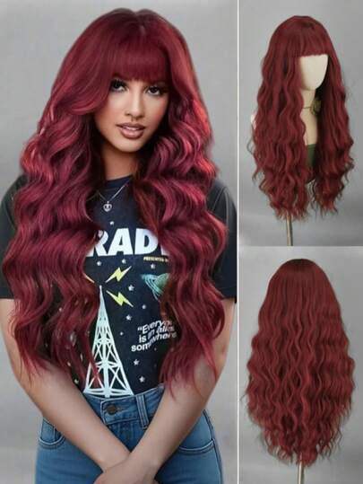 Wine Red Long Curly Wig, High-Temperature Fiber Heat-Resistant Wig, Silky Thick With Bangs, Suitable For Women's Makeup Parties, Carnivals, Cosplay, Fashion & Elegant Styles, Versatile & Comfortable, Fits All Women