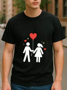 2026 Heart Eyes Matching Tees Couples Holding Hands With Heart-Shaped Balloons And Star Decorative Prints,  T-Shirts With A Love Theme For Men, Fun Valentine's Day Outfits, Suitable For Daily And Home Wear Kids Outfits Clean Girl Aesthetic Clean Girl Aesthetic Shirts Girls Tops For Teen Girls Teen Shirts - 黑色 - 查看 6