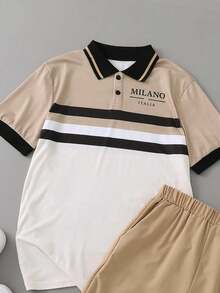 2pcs Teenage Boys Striped Polo Shirt And Matching Casual Shorts Set, Refined Silhouette With Formal And Comfortable Urban Vibe - Khaki - View 7