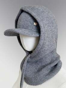 1pc Women's Scarf Neck Warmer Set, Thick Autumn/Winter Detachable Collar Hat, Knitted Hooded Cowl Neck Warmer, Casual & Versatile - Khaki - View 4