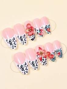 24pcs Press On Fake Nails French 3D Flower Leopard Print, Green Nails Supplies Art Perfect For Everyday Wear - Multicolor - View 2