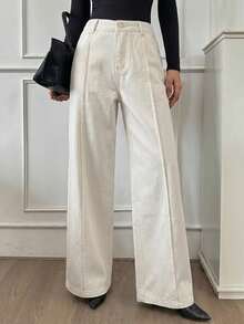 Livesso Women's Regular Mid-Rise Casual Straight Leg Jeans Y2k - Beige - View 5