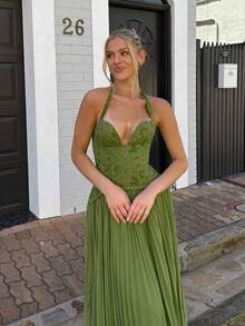 Green Elegant Sleeveless Pleated Long Chiffon Camisole Dress, Party Wear, Spring/Summer - Green - View 1