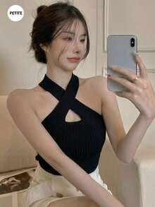 法式交叉吊带细肩带吊带背心，修身无袖露脐上衣，女士春夏款 - 黑色 - 查看 4