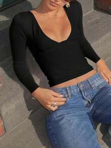 Sexy & Fashionable Solid Color Deep V-Neck Long Sleeve T-Shirt Top, Spring/Summer New Arrival,Tops For Women,Long Sleeve Tops Casual - Black - View 6