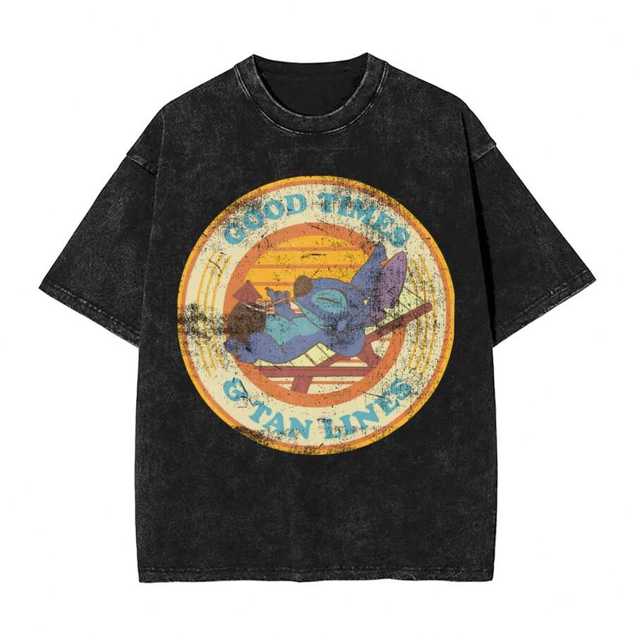 Lilo And Stitch T Shirt Hip Hop Washed Cotton Harajuku T-Shirt Good Times Tan Lines Magnet For Men Women Tops Streetwear Tees - màu đen - Xem 1