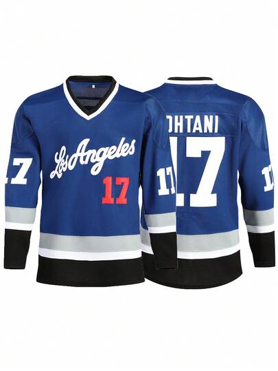 Camiseta de manga larga con cuello en V bordada, color azul, número 17, para hockey sobre hielo, para uso casual y deportivo