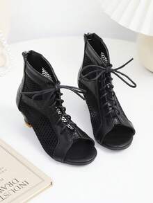 1 Pair Girls' High Heel Sandals, Mesh Hollow Vamp, Bowknot Criss-Cross Straps, Open Toe, Back Zipper Design, Suitable For Parties And Gatherings - Black - View 1