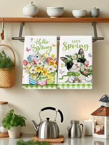 2Pcs Watercolor Eucalyptus Leaves And Flowers Farmhouse Kitchen Towels Lavender Butterfly Truck Cat Mason Bottle Spring/Summer Farm Decoration Dishcloth Holiday Party Supplies Handkerchiefs Suitable For Kitchen Dining Room Table - White - View 3