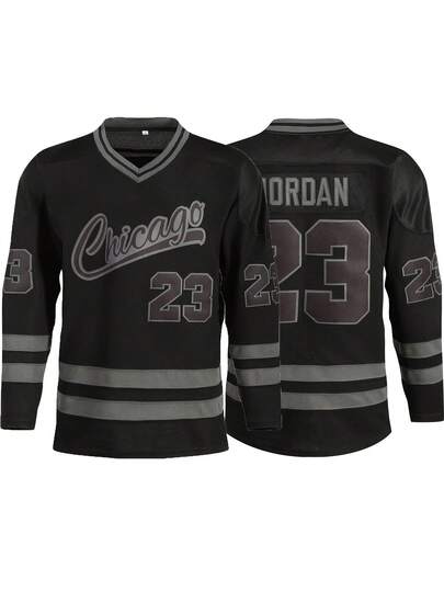 Camiseta de hockey informal de manga larga con cuello en V bordado, No.23, para uso en fiestas y deportes