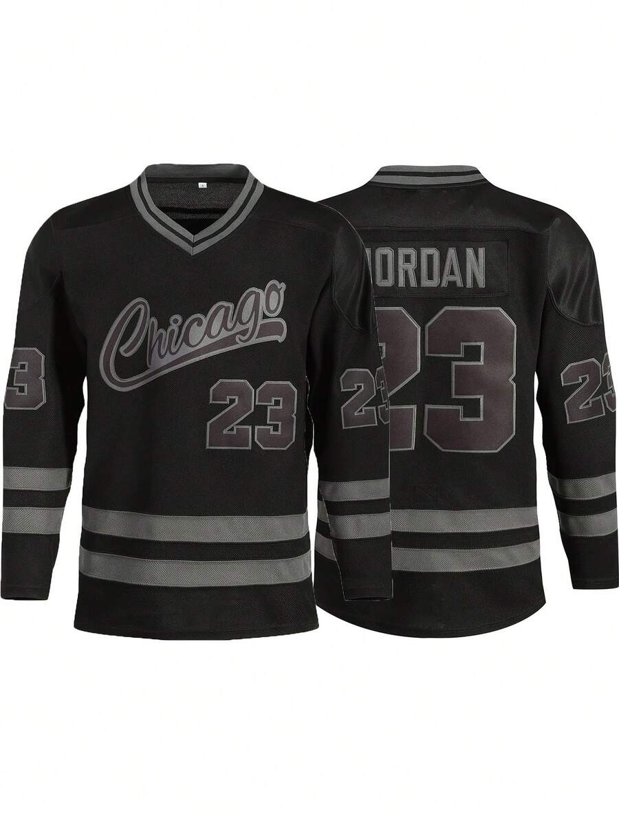 Men's No.23 Hockey Jersey Casual Long Sleeve Embroidered V-Neck T-Shirt, Party & Sports Wear - Black - View 1