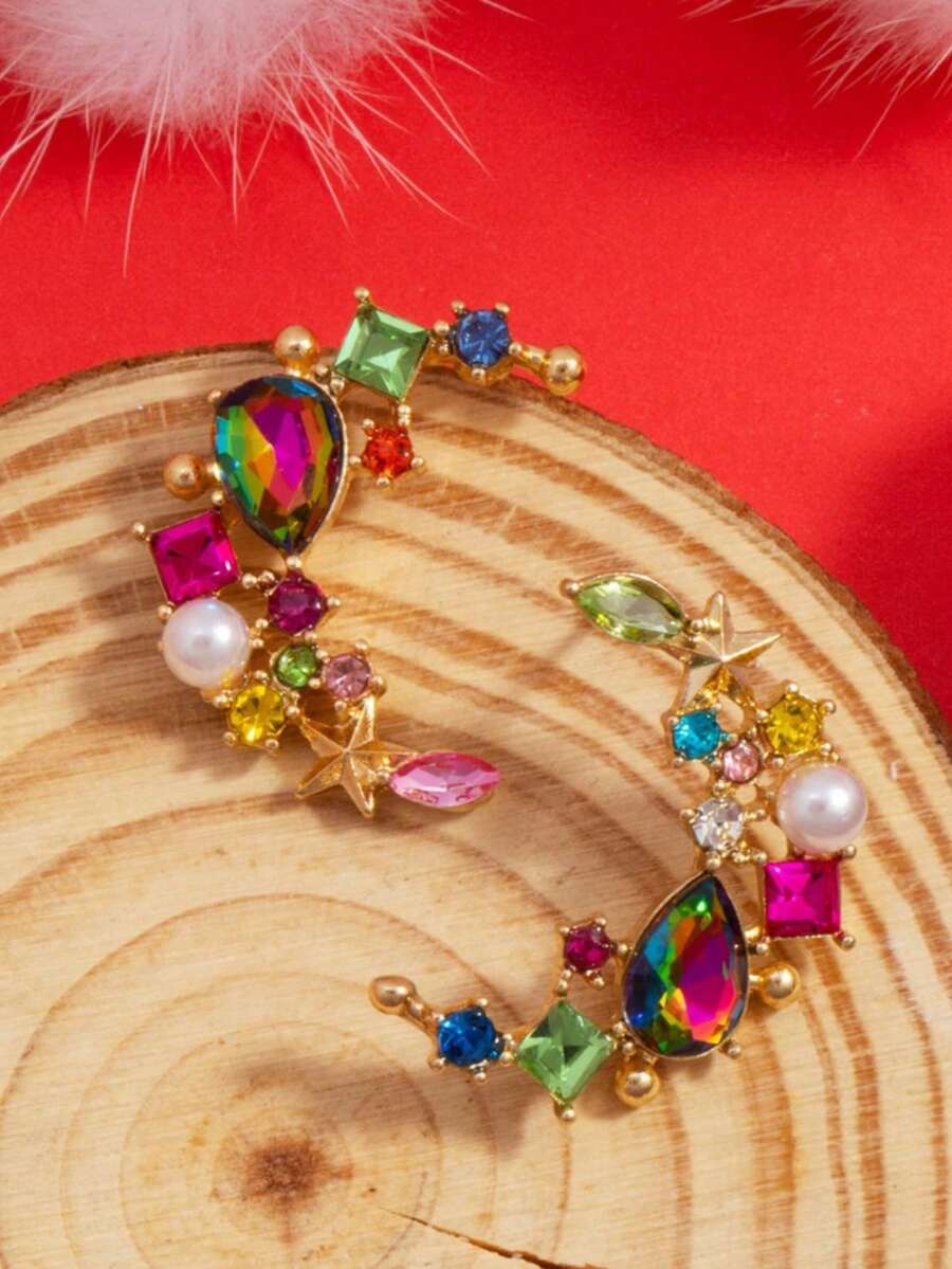 1 Pair Elegant Rhinestone Inlaid Crescent Moon Stud Earrings, Suitable For Women's Daily Wear And Parties, Ramadan - Multicolor 3 - View 1