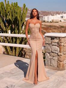 ADYCE 大码女士甜心领前开衩露背修身派对礼服，优雅正式晚礼服，适合舞会、婚礼宾客、毕业典礼、夏季春季场合 - 杏色 - 查看 1
