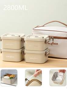 Set Wadah Makan Siang Terisolasi Portabel Dewasa & Pelajar 1/3/4/5 buah, Kotak Bento Stainless Steel yang Dapat Ditumpuk untuk Makanan Panas, dengan Tas Makan Siang Terisolasi, Unisex, 4 Wadah Makanan Panas Terpisah, Aman untuk Microwave (Aprikot/Cokelat) - MultiWarna - View 18