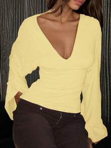 Elegant Deep V-Neck Long Sleeve Knit Sweater Top For Women, Soft & Stretchy, Regular Length, Yellow - Yellow - View 4