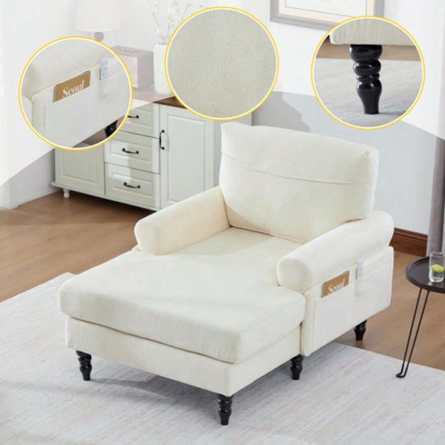 Modern Minimalist Chenille-Stoff-Liegestuhl / Einzelsofa Für Wohnzimmer Und Schlafzimmer Holzsofa-Beine Mit Bequemer Rückenlehne Und Armlehnen Seitentaschen Zur Aufbewahrung Geeignet Für Büros - Beige - View 1