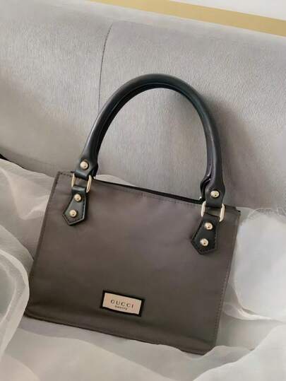 Gucci 灰色尼龙手提包 - 单件式拉链托特包，配皮革手柄和品牌标签，奢华设计师日常通勤及化妆品收纳包