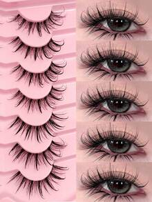 Asiteo 7对漫画风格轻盈自然水润感假睫毛，嫁接效果仿貂毛，透明梗，Y2K风格，3D蓬松长款猫眼妆，自然浓密，适合派对、聚会、音乐节、开斋节等场合。 - 眼尾拉長款 - 查看 1