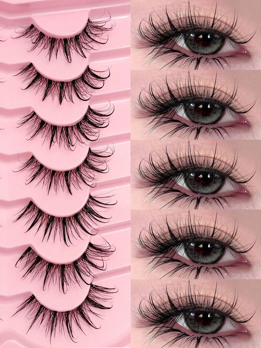 Asiteo 7对漫画风格轻盈自然水润感假睫毛，嫁接效果仿貂毛，透明梗，Y2K风格，3D蓬松长款猫眼妆，自然浓密，适合派对、聚会、音乐节、开斋节等场合。 - 眼尾拉長款 - 查看 1