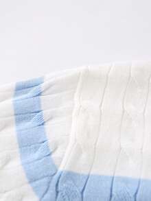 1件男士蓝白条纹短袖V领绞花针织休闲Polo衫，春季休闲服饰 - 淺藍色 - 查看 6