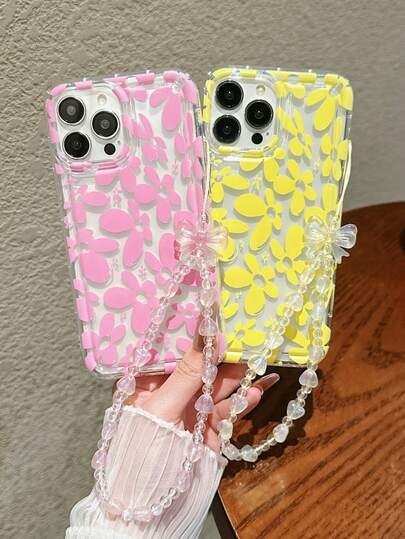 一对花卉图案软透明气囊手机壳，配有蝴蝶挂绳，适用于 11/12/13/14/15/16 Pro Max，是送给情侣和好朋友的绝佳礼物。
