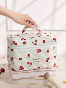 1件/套蝴蝶结玫瑰图案绗缝化妆包，时尚便携化妆包，多功能化妆品收纳手提包，带拉链化妆刷包，大容量洗漱旅行包 - 櫻桃 - 查看 15