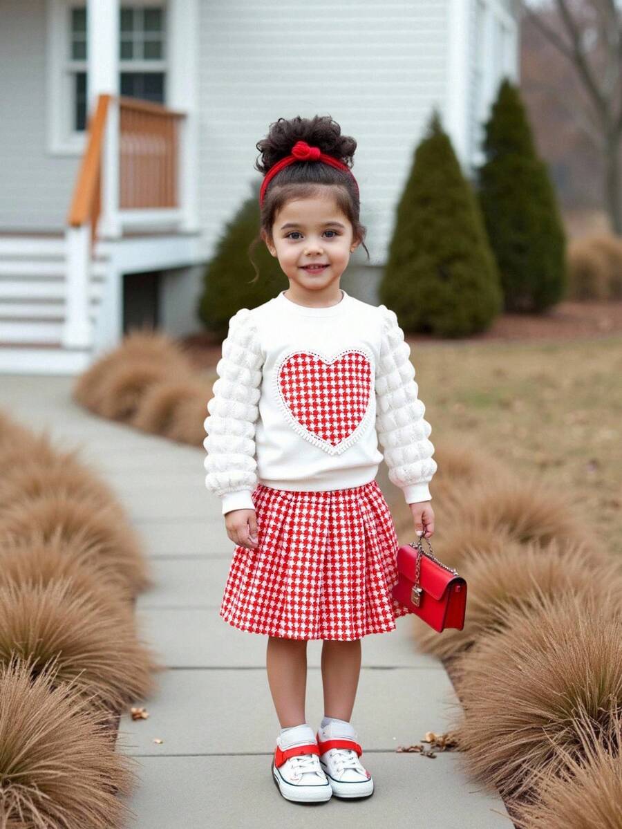 两件套女童格子爱心印花泡泡袖上衣+百褶裙，甜美学院风休闲时尚 - 白色 - 查看 1