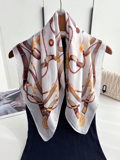 1条时尚彩色几何复古图案休闲仿丝印花围巾，适合女性在工作、户外、约会和其他场合佩戴。