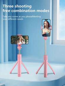 Selfie Stick With Multifunctional Tripod & Phone Holder, Extended Remote Control Live Broadcast Tripod For General Photography, Travel & Selfie, Blue Compatible With IPhone Android Phone Mobile Phone Suitable For Live Streaming, Vlog,Family Gatherings, Christmas Party Shooting,For Handheld Selfie, Outdoor Activities, Interviews For Summer Vacation, Travel, Outdoor Activities, Live Streaming Tripod Stand - Pink - View 3