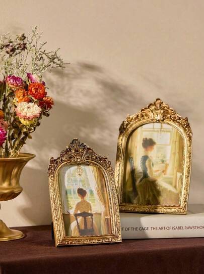 Cirelle 1 件经典复古相框艺术风格复古仿木雕花画框装饰桌面墙壁相框（相纸随机）