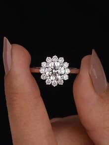 1枚花形圆形钻石戒指，S925纯银，优雅女士戒指，适合日常、约会佩戴，精致女士珠宝礼物，新年礼物，情人节礼物 - 花形戒指 - 查看 2
