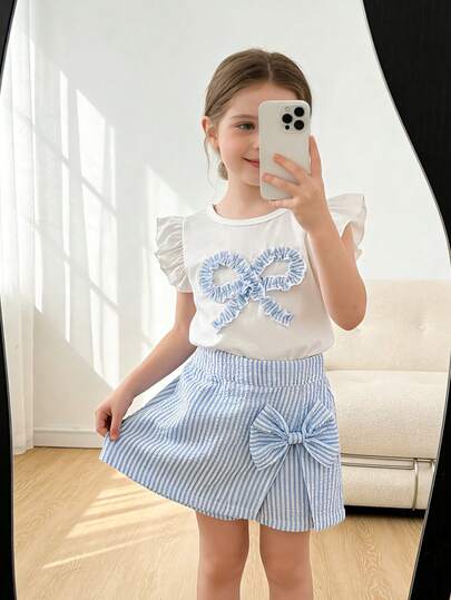 Conjunto de 2 piezas de camiseta de manga de volantes blanca y falda pantalón a rayas azul y blanco para niñas de 4 a 7 años, con decoración de lazo, estilo europeo fresco y dulce, de tela de gasa de burbujas transpirable, para vacaciones de verano