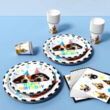 Cute Puppy Happy Birthday Disposable Plate, Napkin, Cup Set, Plates, Napkins And Cups Party Supplies, Serves 8 Guests, Disposable Paper Plates Party Tableware Suitable For Birthday, Wedding, Theme Party, Family Picnic - Multicolor - View 5