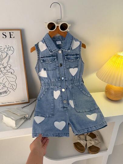 1pc Girls' Fashionable Street Style Blue Collar Sleeveless Jumpsuit With White Heart Print, Suitable For Street, School, And Casual Wear In Summer