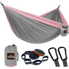 AnorTrek Hamaca de camping, súper ligera y portátil de paracaídas con dos correas para árbol, individual o doble de nailon de viaje para camping, mochilero y senderismo - Gris&Rosa - Ver 13
