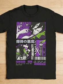 Men's Pure Cotton T-Shirts With Fun Anime Character Prints Are An Ideal Choice For Casual Wear, Streetwear, Fashion , And Pop Culture Enthusiasts. These Retro Anime And Comic Art Streetwear Pieces Feature Anime-Style Designs. - Black - View 1
