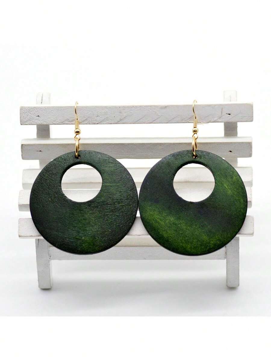 1 par de pendientes vintage de madera con diseño hueco y redondo - Verde - Ver 1