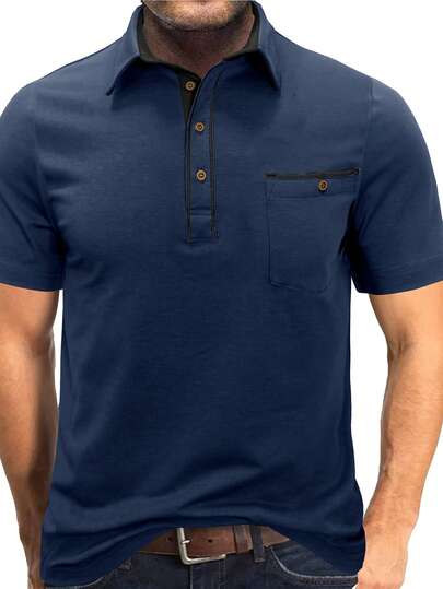 Áo thun polo tay ngắn cổ màu tương phản mới dành cho nam cỡ lớn, áo thun trơn màu đơn giản có túi cài nút cổ