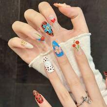 10Pcs Fake Nails Sweet Cherry Blossom Press On Nails With Heart Rhinestones Polka Dots Pre Shaped Fake Nails For Women Girls - Multicolor - View 2