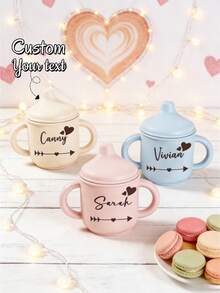 1Pc Personalized Valentine's Day Silicone Cup – Custom Name Dual-Ear Design Mug, Cute Couple Style, Romantic Valentine's Gift, Sweet Love Drinkware Keepsake - Multicolor - View 2