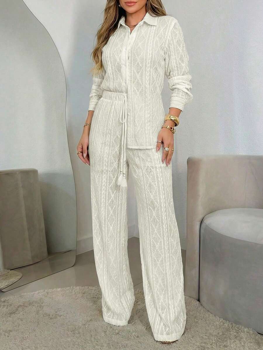 ANCHOSE Bộ áo sơ mi và quần ống rộng màu mơ thanh lịch dành cho nữ - Vải dệt jacquard, kiểu dáng thường ngày, phù hợp cho công sở/hẹn hò, mùa xuân. - Màu be - Xem 1