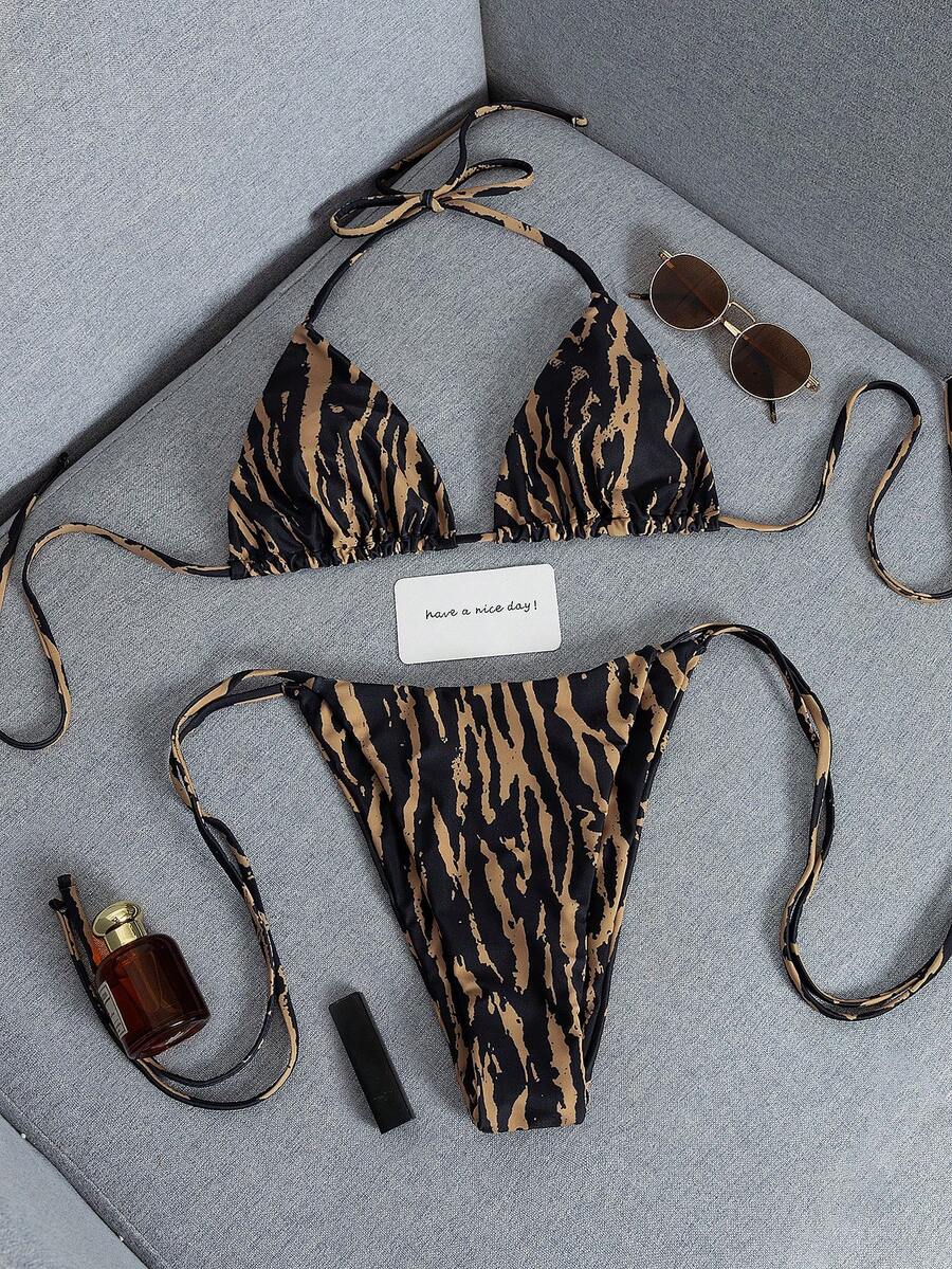 2pcs 2026 New Fashionable Sexy Faux Wood Grain Printed Bikini Swimsuit Set, Suitable For Pool, Beach, Vacation, Spring/Summer, Valentine's Day, Carnival Party