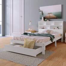 Cama de casal em madeira maciça com gavetas e estrado de ripas, estante integrada para adolescentes e adultos, cama infantil, 140 x 200 cm, branca. - Branco 1 - Ver 6