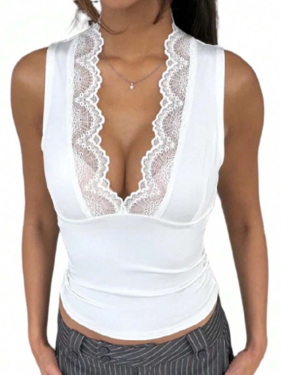 Women Lace Trim Deep V Neck Vest Tank Top Y2k Lace Patchwork Sleeveless Slim Fit Going Out Cami Shirt Summer - Blanco - Ver 1
