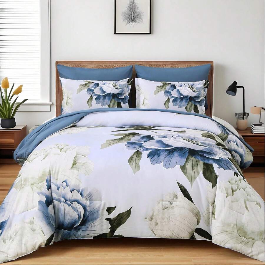 7 Piece Purple/Brown Queen King Size Comforter Set Bed In A Bag, Floral Printed On Light Purple Comforter Set With Sheets For Wedding Items,Valentines Day Home Bed Room Decor,Easter Gifts,All Season